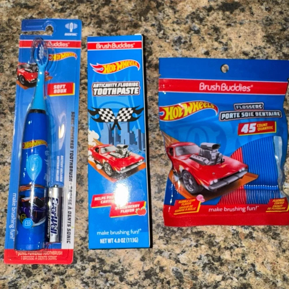 Hot Wheels Kids Dental Care Set Blue toothpaste electric sonic brush flossers